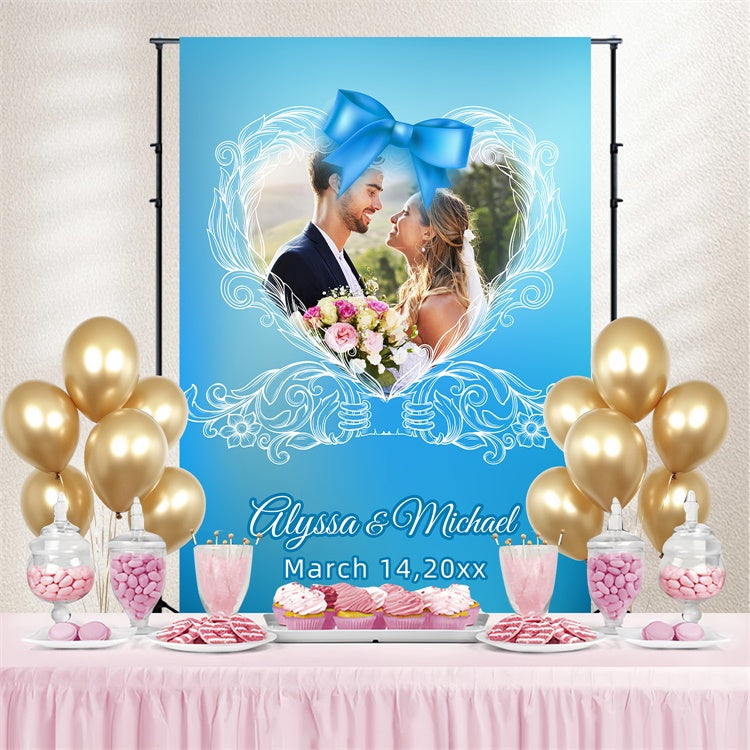 Toile de fond Photo Mariage Personnalisé Cadre Nœud Bleu LXX3-127