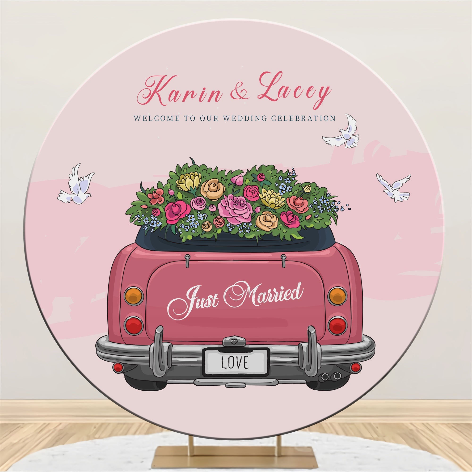 Toile de fond Ronde Personnalisable Voiture Rose Romantique pour Mariage LXX3-129
