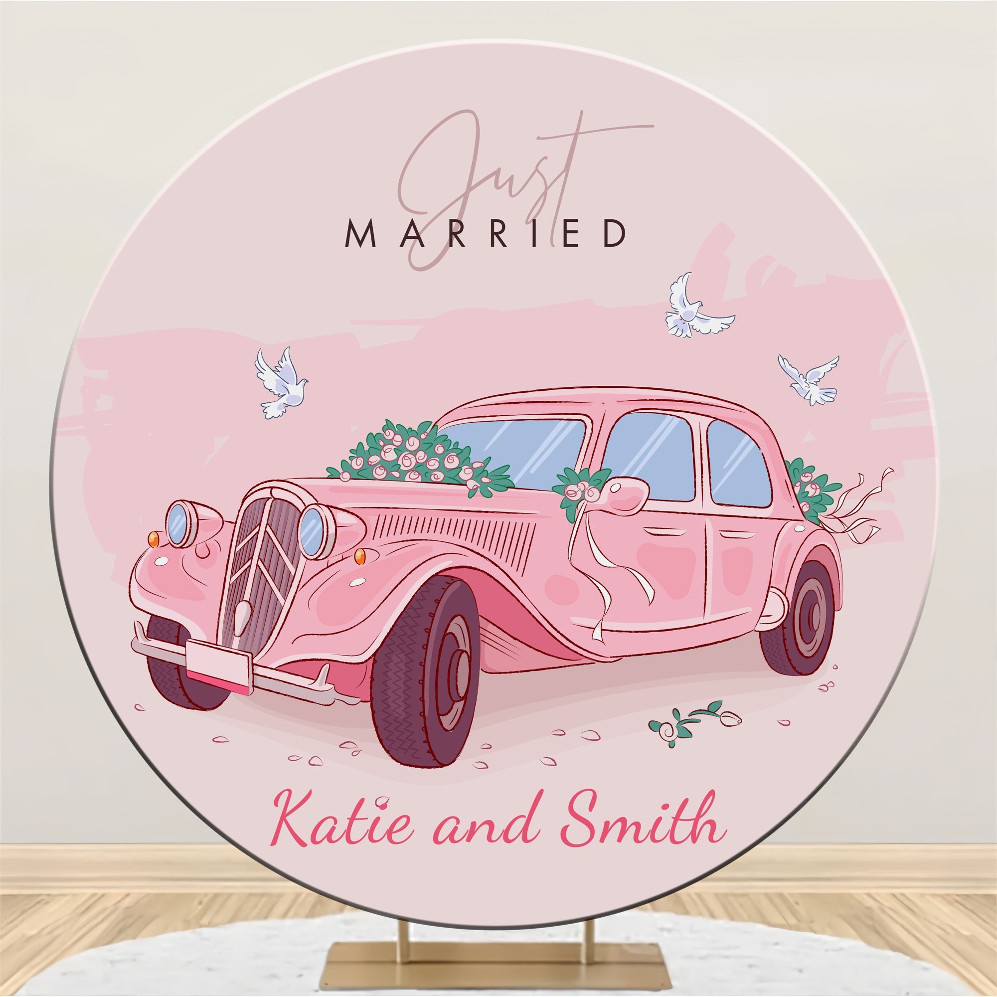 Toile de fond Ronde Personnalisable Photo de Mariage Voiture Rose Vintage LXX3-130