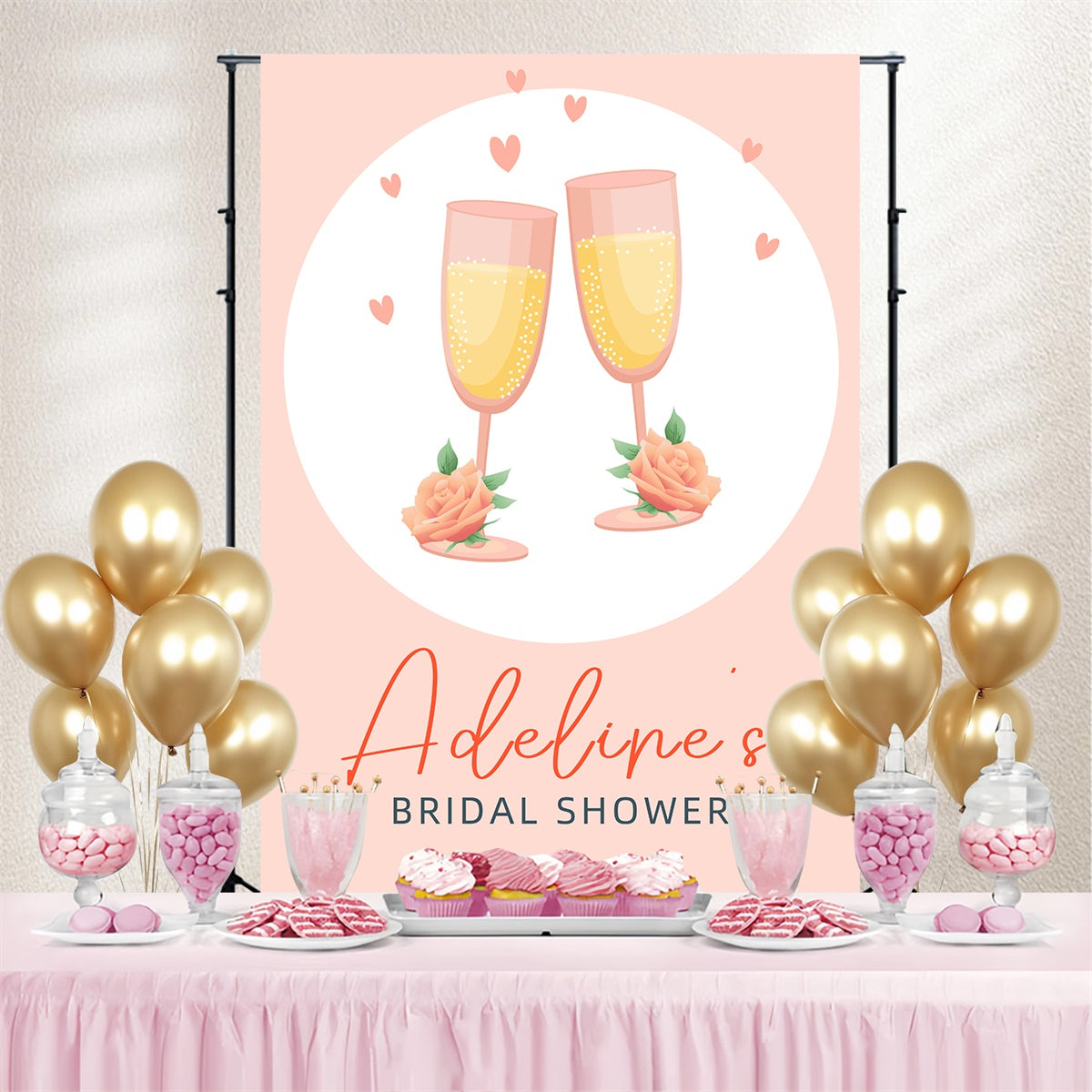 Toile de fond Bridal Shower Personnalisable Champagne Rose Minimaliste LXX3-134