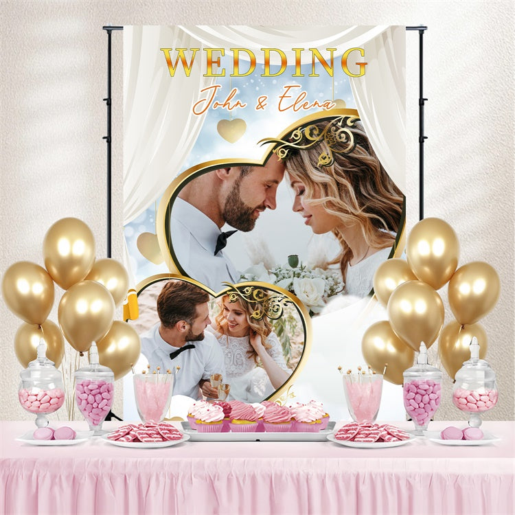Toile de fond Personnalisée Mariage Personnalisable Rideau Cœur Doré LXX3-139