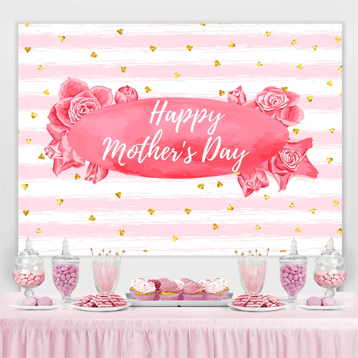 Toile de fond Fête des Mères Personnalisable Rayures Roses Florales LXX3-68