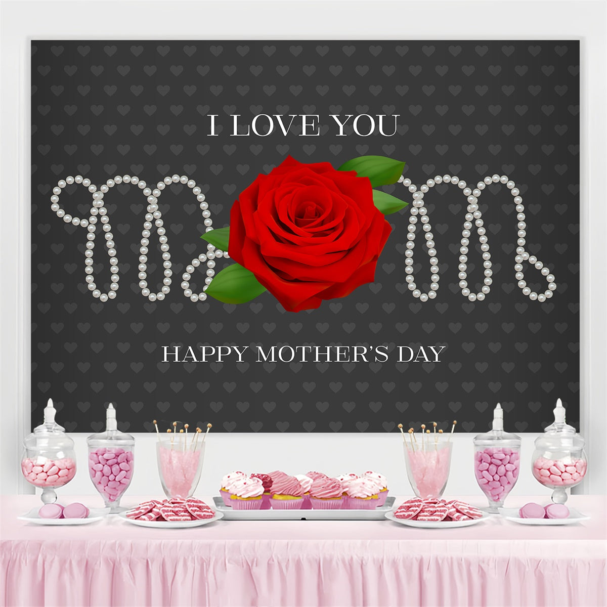 Toile de fond Fête des Mères Personnalisable Rose Rouge et Perles LXX3-80