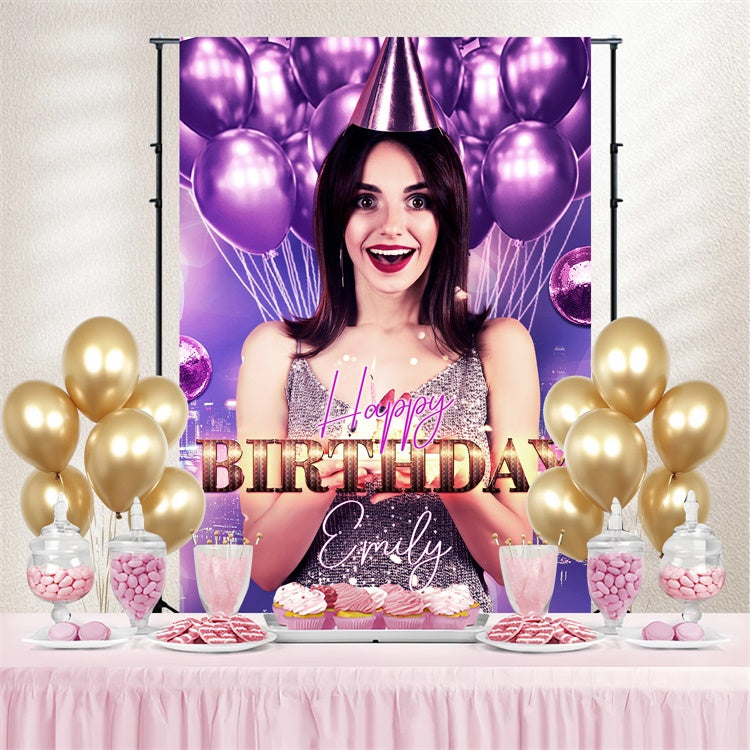 Toile de fond Anniversaire Personnalisable Ballons Violet Pailletés LXX4-1