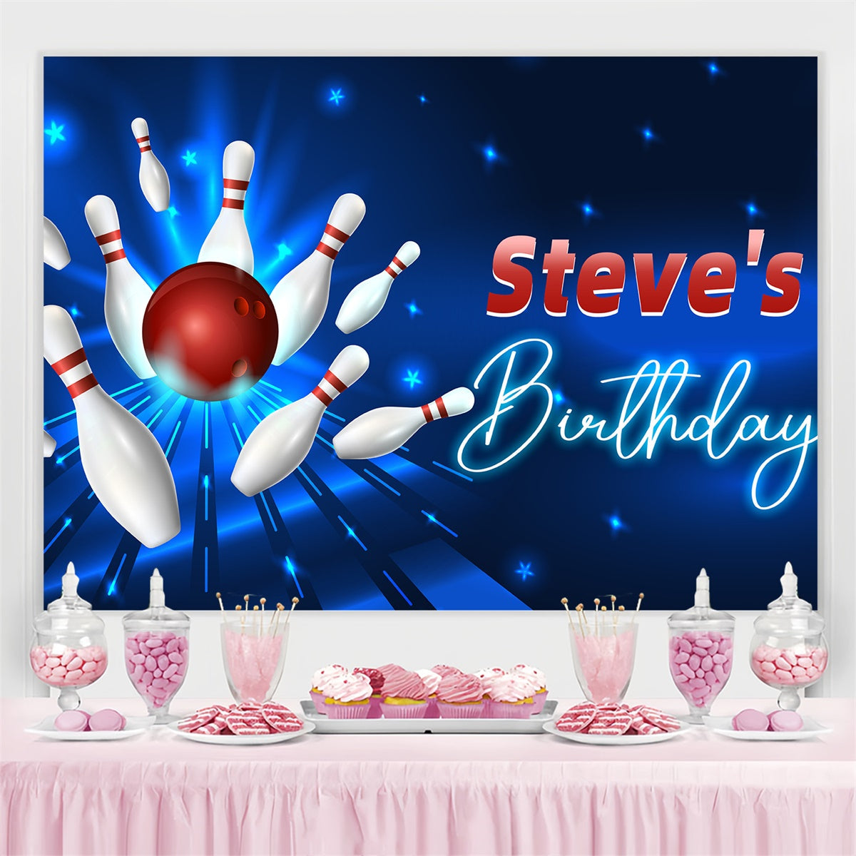 Toile de fond Anniversaire Personnalisé Quilles Bowling Lumineuses LXX4-13