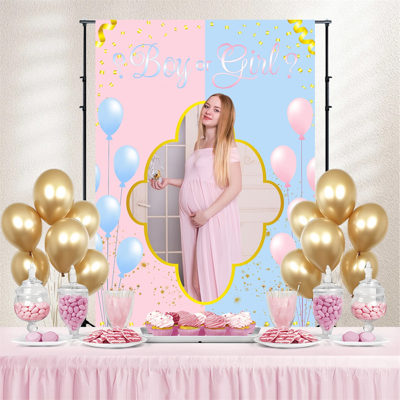 Toile de fond Baby Shower Révélation de Genre Ballons Étincelants Personnalisée LXX4-183