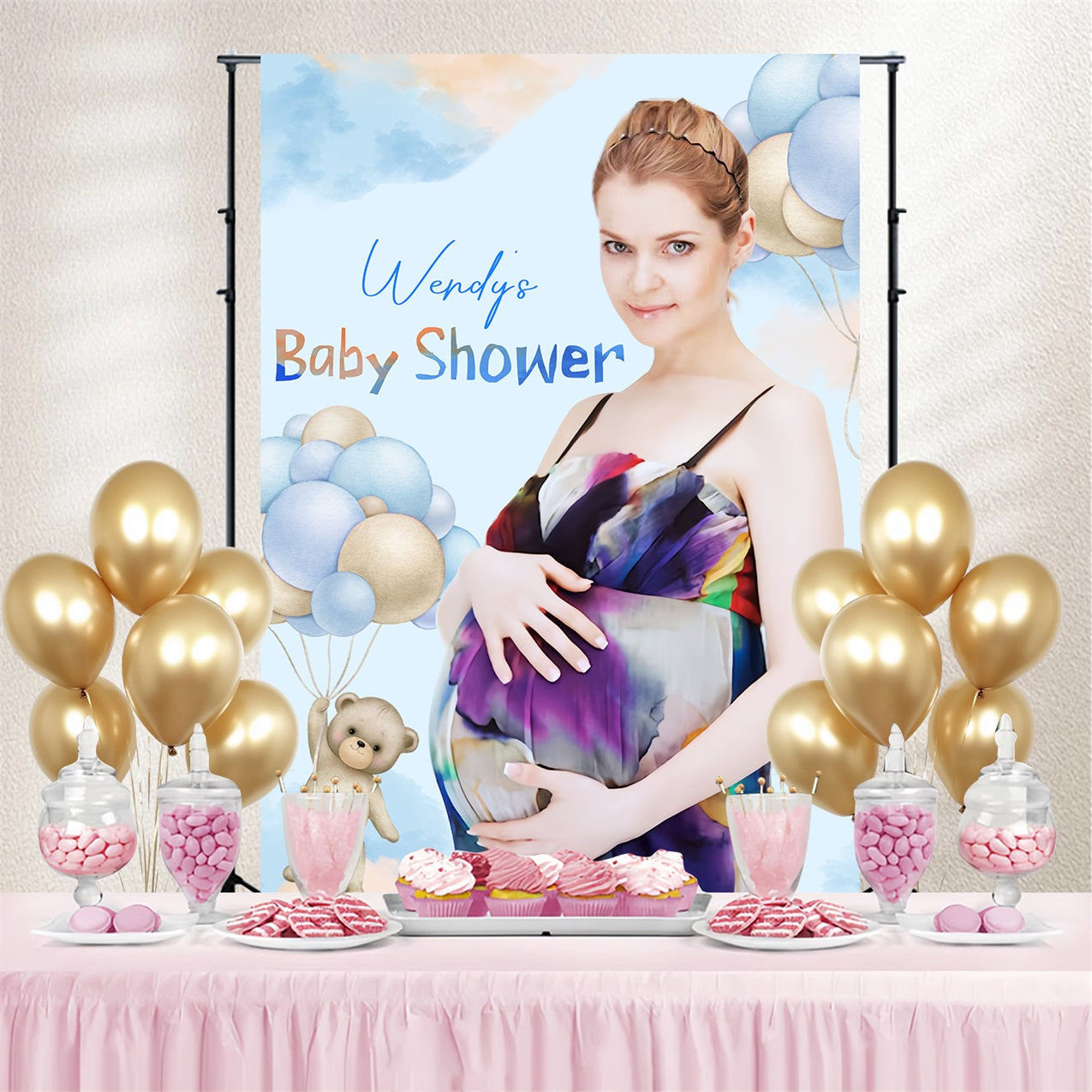 Toile de fond Baby Shower Ourson Nuages Ballons Personnalisée LXX4-185