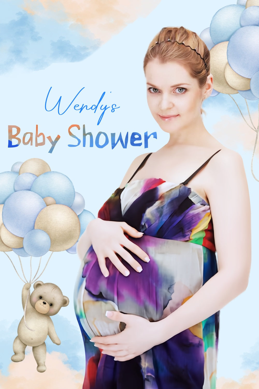 Toile de fond Baby Shower Ourson Nuages Ballons Personnalisée LXX4-185