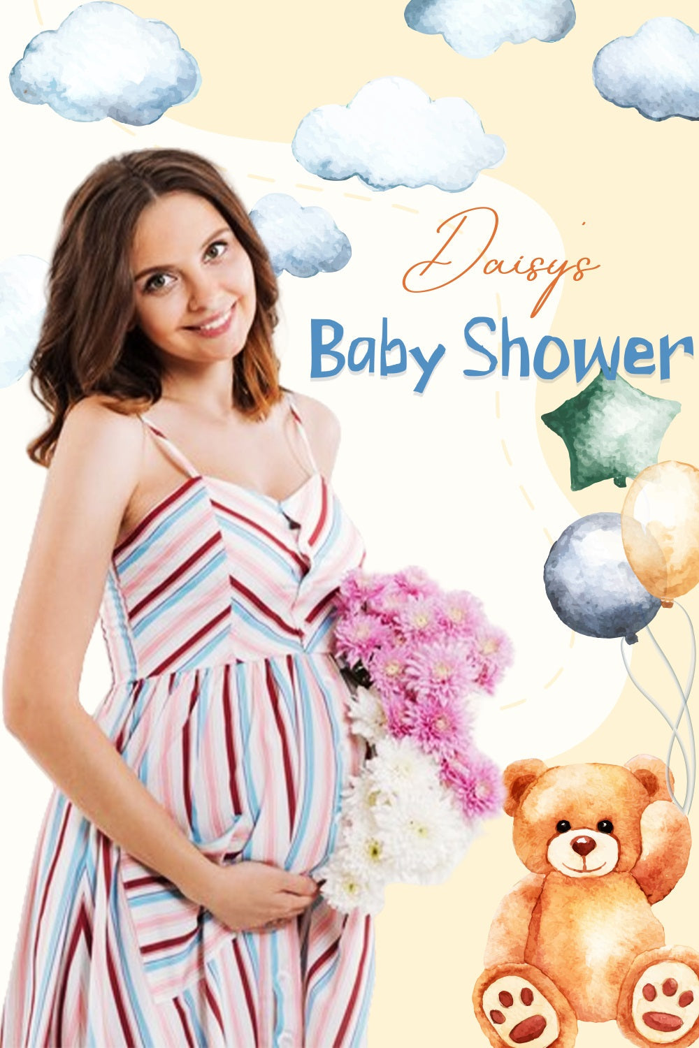 Toile de fond Ourson Baby Shower Ballons Nuages Flottants Personnalisée LXX4-187