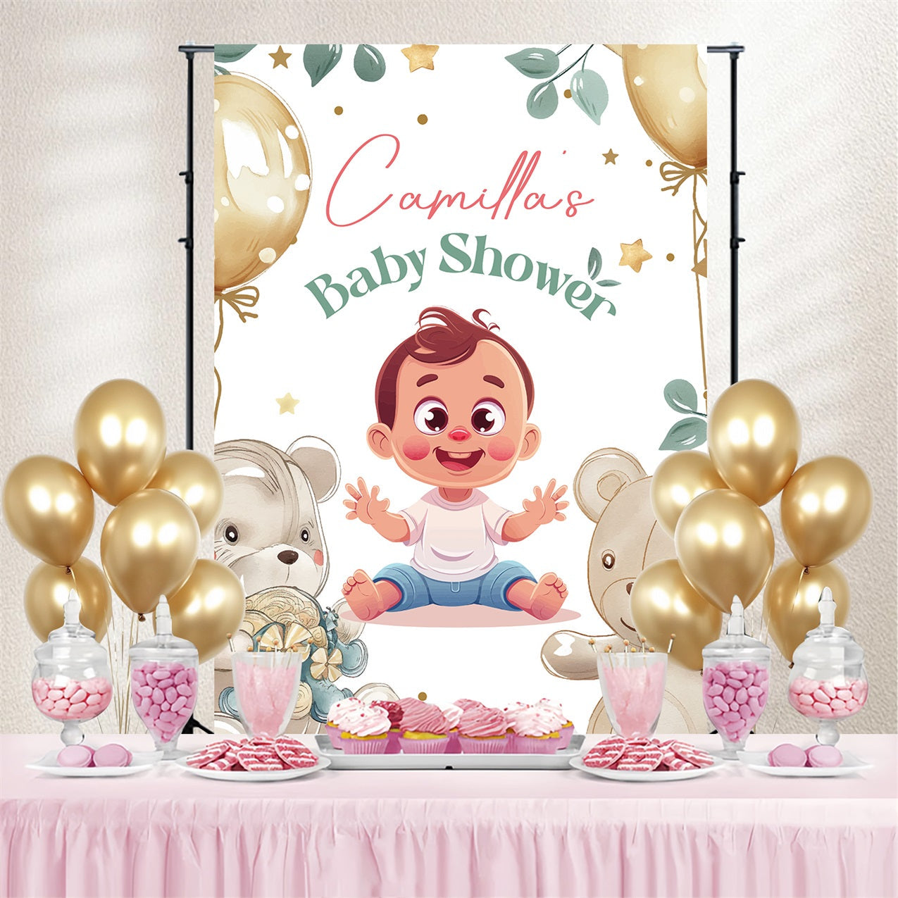 Toile de fond Baby Shower Garçon Ballons Ourson Personnalisée LXX4-188