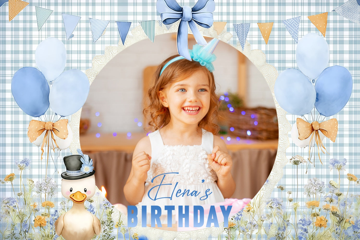 Toile de fond Photo Anniversaire Personnalisable Fleur Bleue et Ballons Sucrés LXX4-25