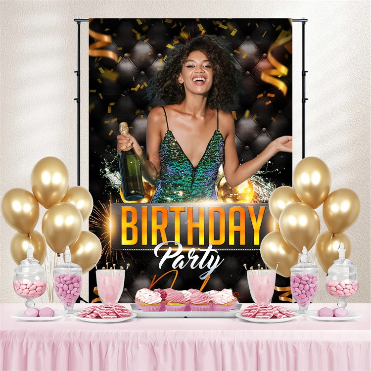Toile de fond Anniversaire Personnalisé Feux d’Artifice Champagne et Paillettes LXX4-3