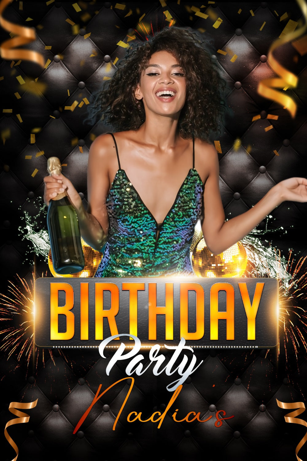 Toile de fond Anniversaire Personnalisé Feux d’Artifice Champagne et Paillettes LXX4-3