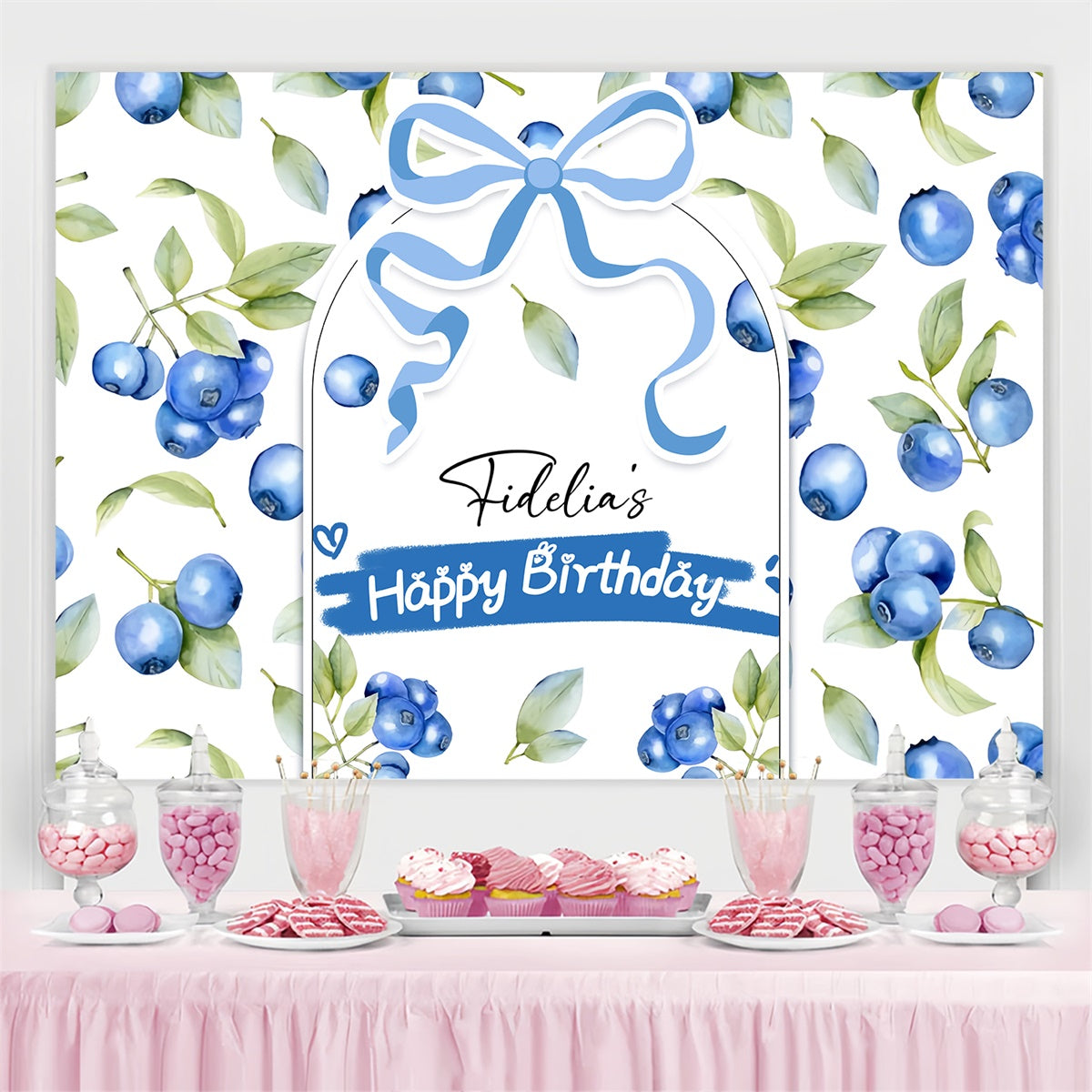 Toile de fond Anniversaire Personnalisé Feuilles Myrtille Aquarelle LXX4-33