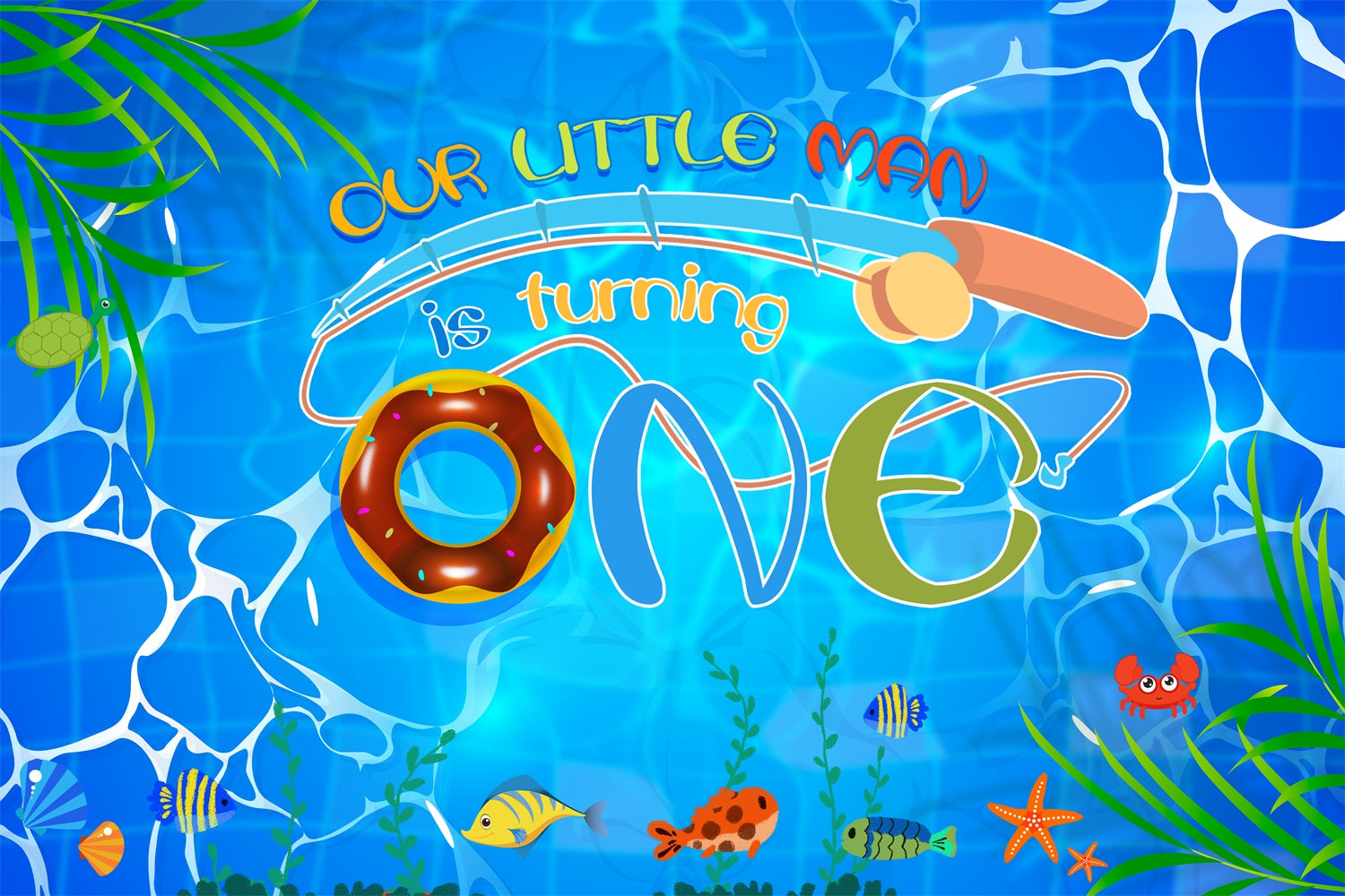 Toile de fond Personnalisable Anniversaire Poissons Tropicaux Eau Bleue LXX4-34