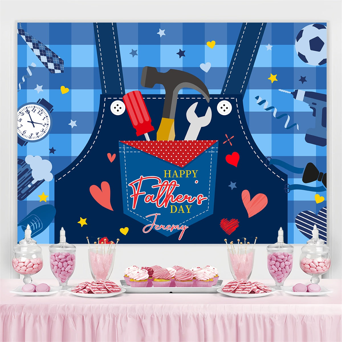 Toile de fond Fête des Pères Outils Dessin Animé Cœurs Personnalisée LXX4-87