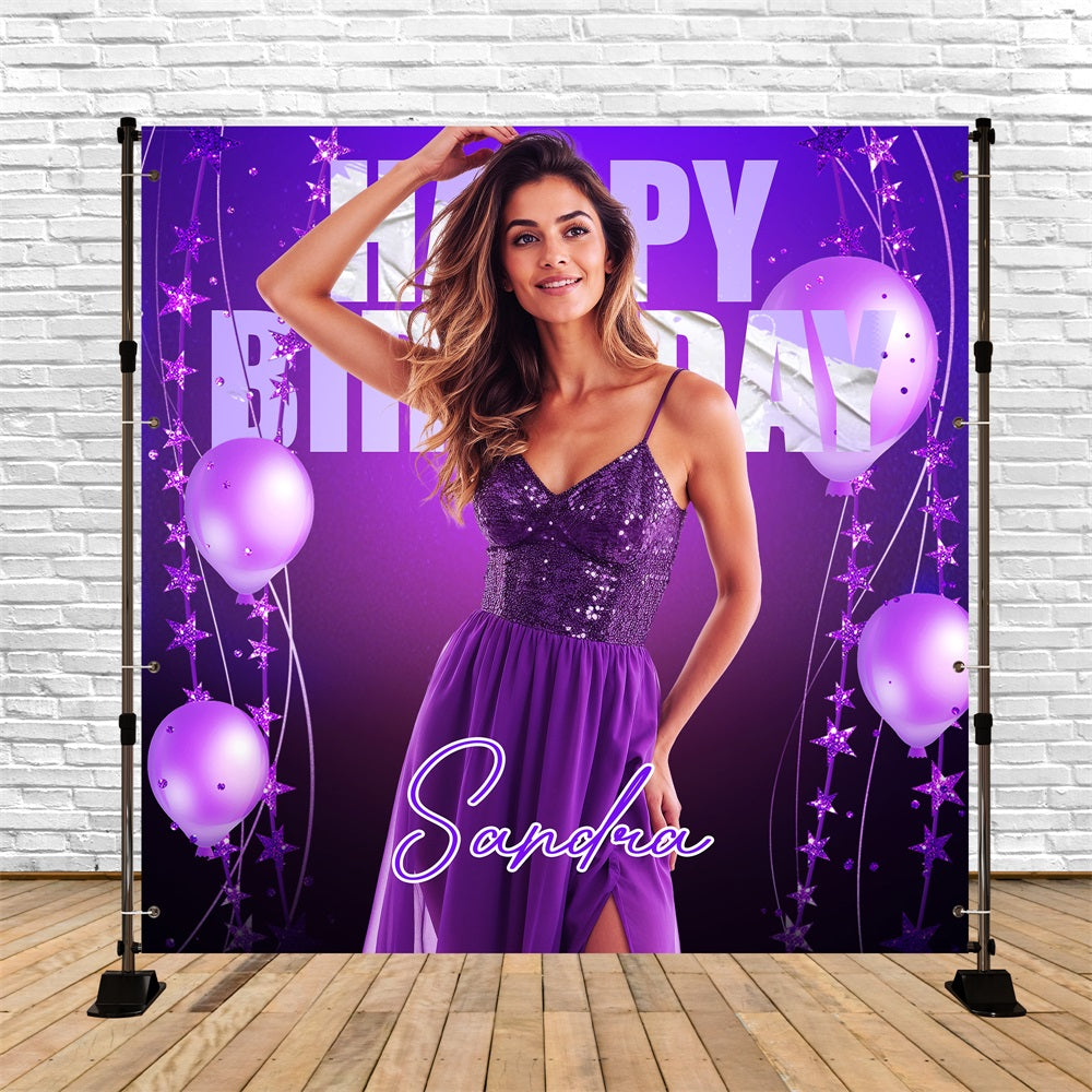 Toile de fond Anniversaire Personnalisé Ballons Étoiles Violet LXX5-144