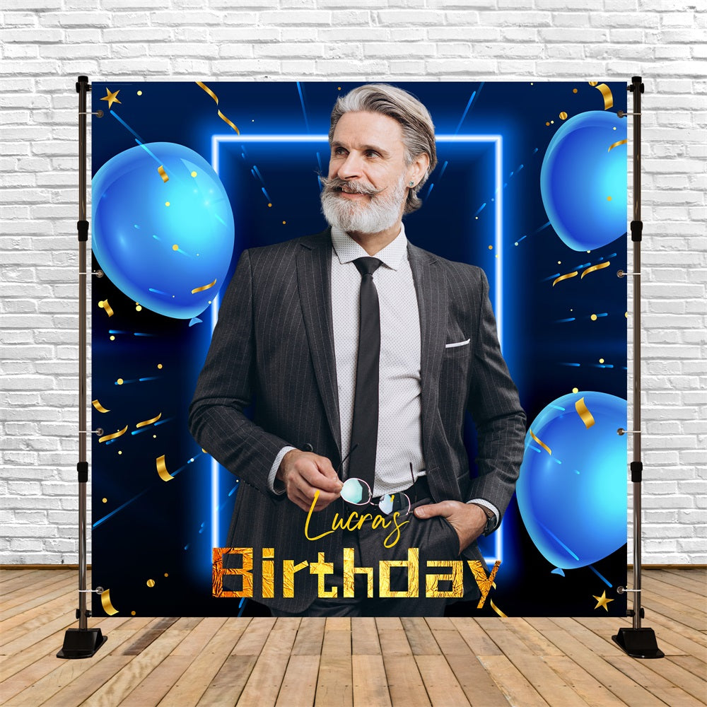Toile de fond Photo Anniversaire Personnalisable Ballons Bleus Confettis LXX5-94