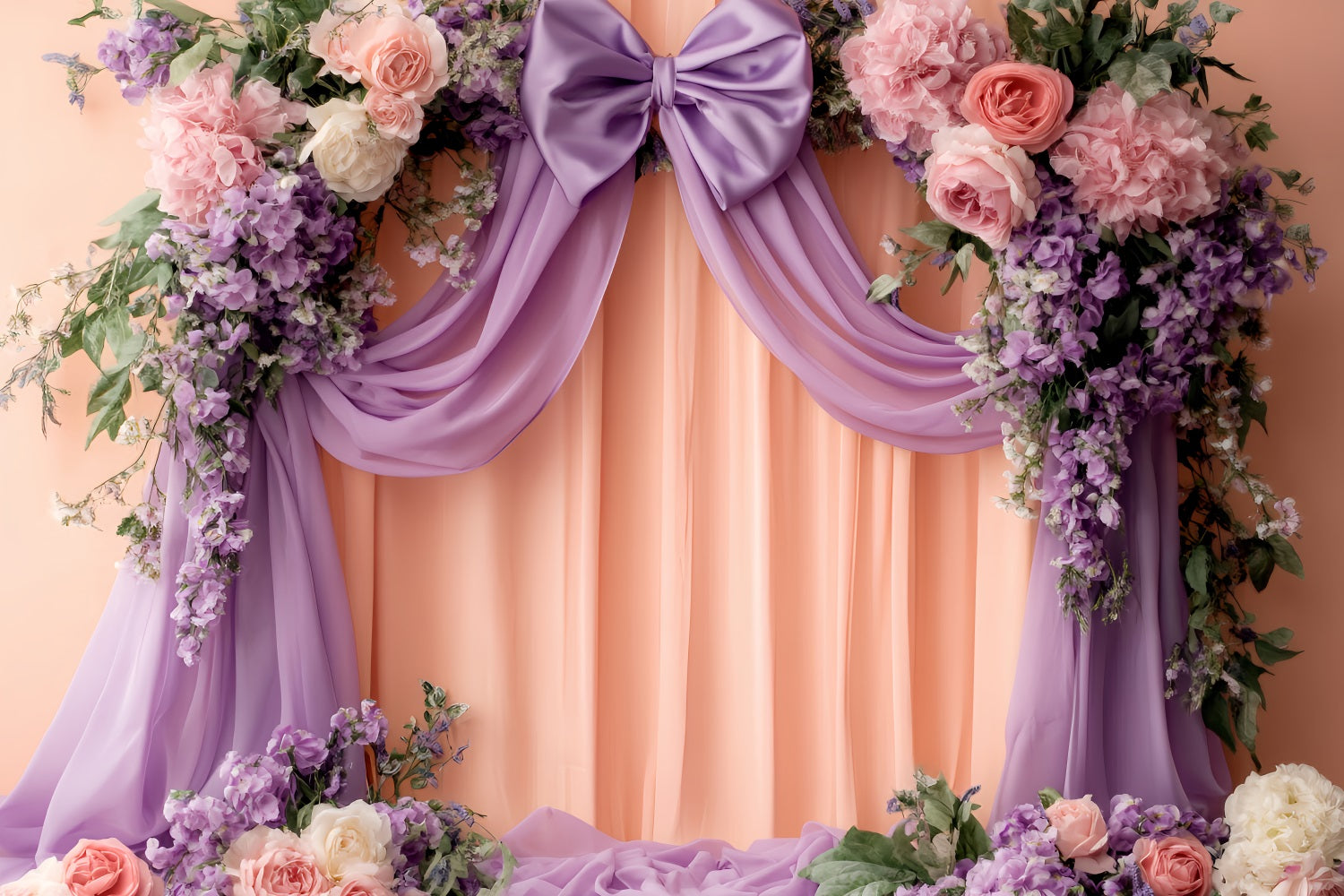 Grand fond avec nœud lilas et draperie florale pêche Fonds victoriens LXX510-121