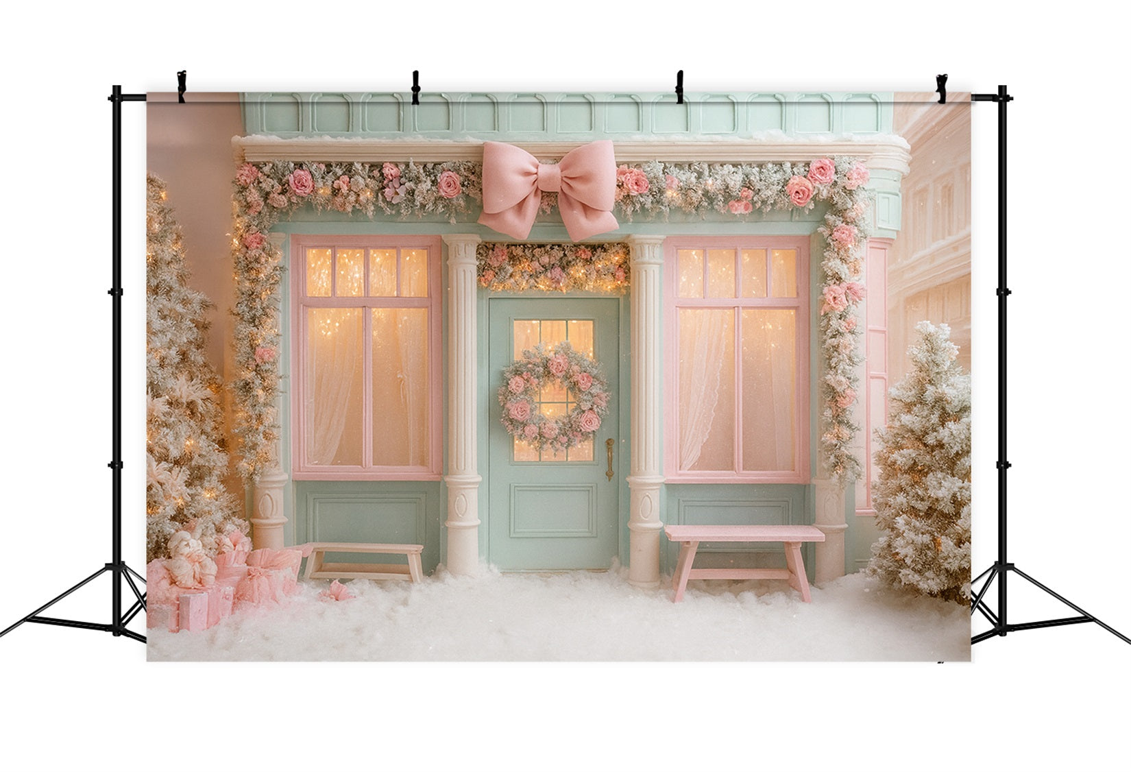 Fond rose avec nœud, boutique hivernale pastel, porte, fond photo de Noël LXX510-138