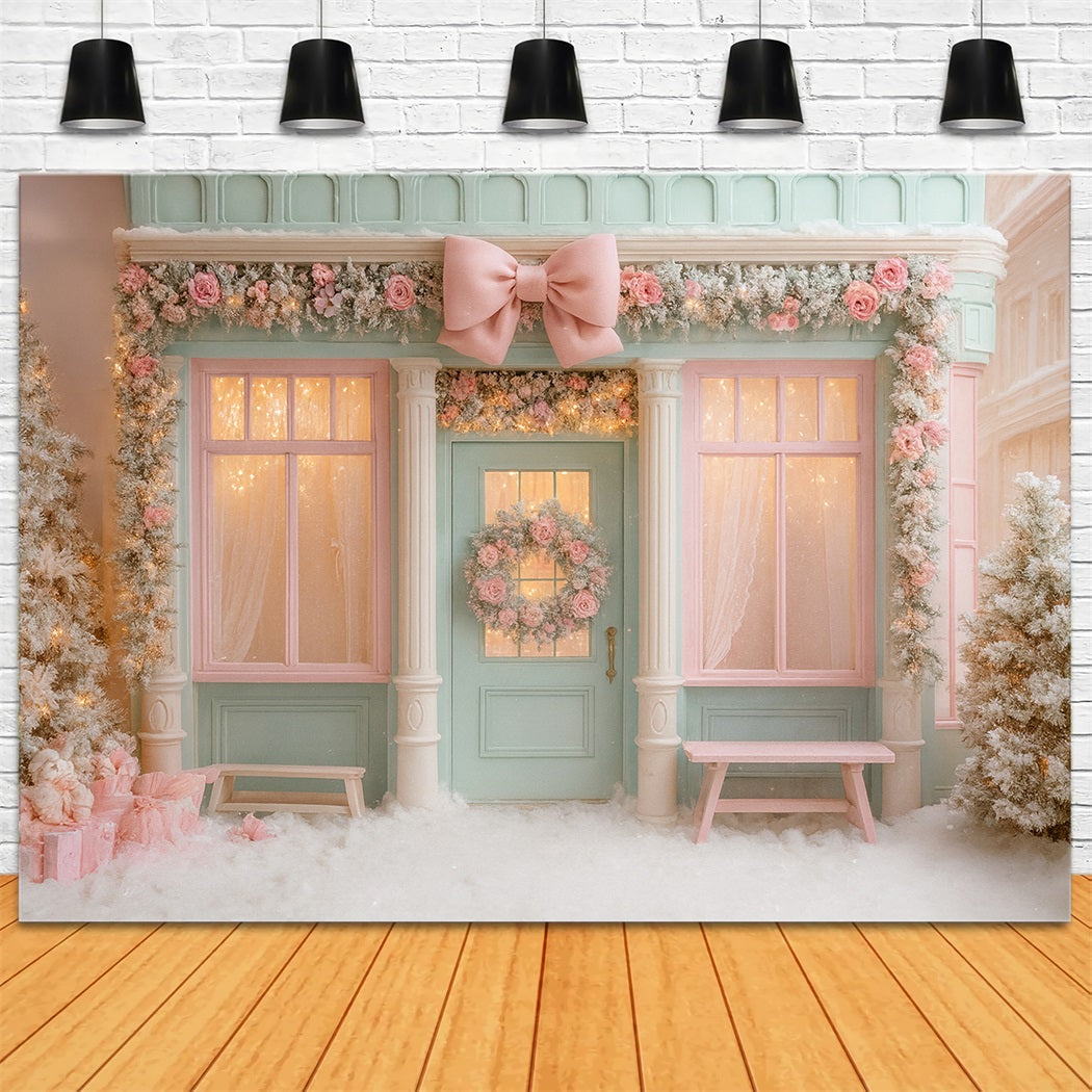 Fond rose avec nœud, boutique hivernale pastel, porte, fond photo de Noël LXX510-138