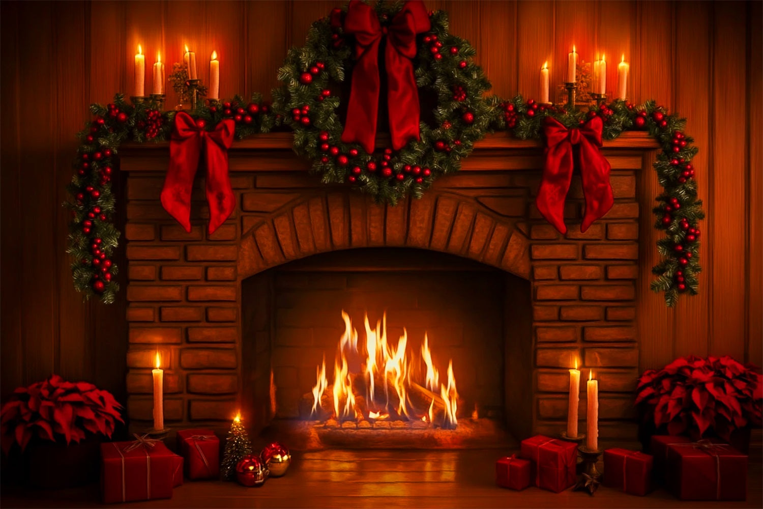 Fond avec nœud rose Guirlande rouge Lueur de cheminée Fond photo de Noël LXX510-140