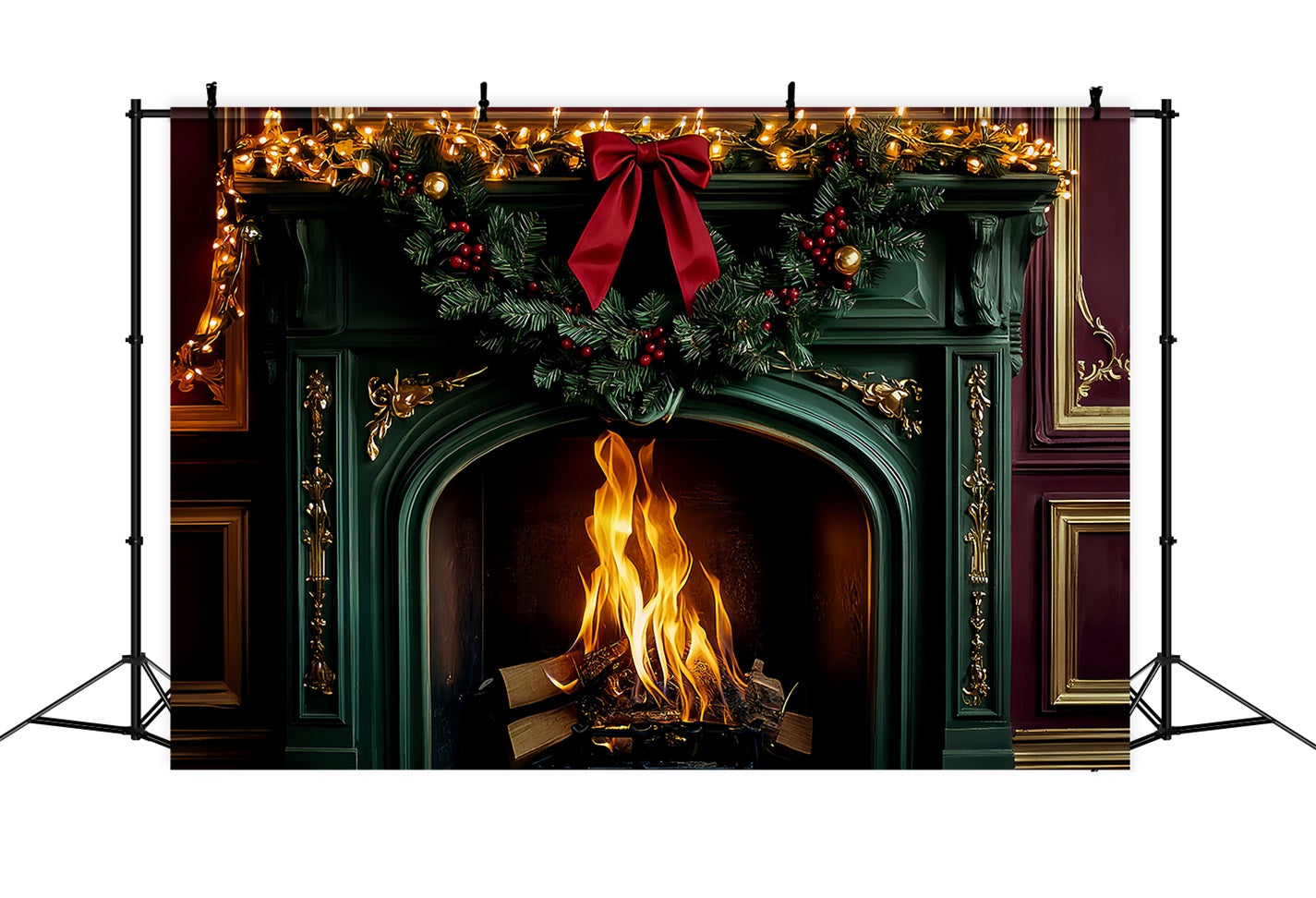 Fond avec nœud Cheminée émeraude Lumières de Noël Fond de Noël LXX510-151