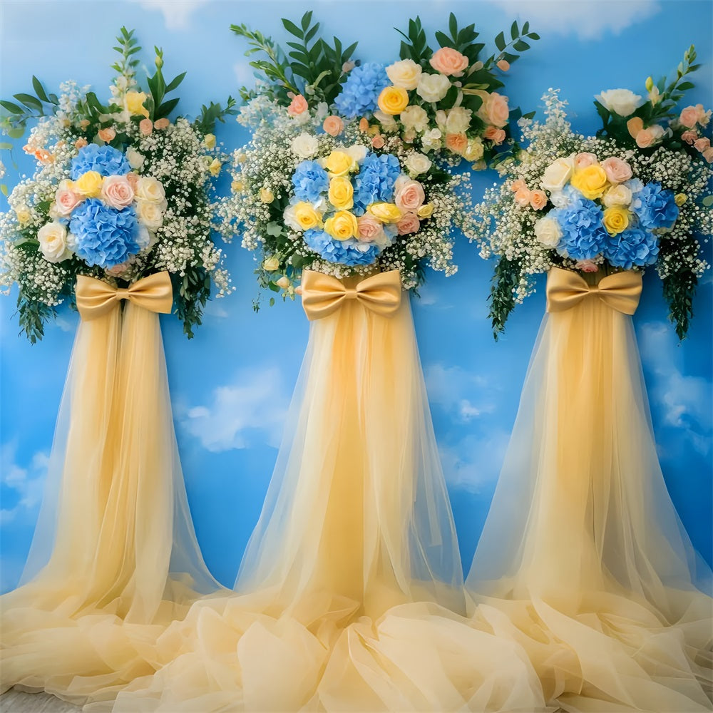 Fonds avec nœuds, ciel floral doré, fond de mariage élégant LXX510-162