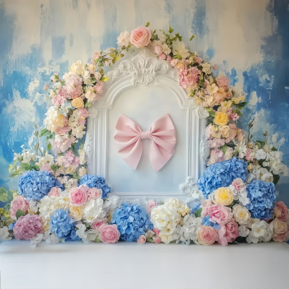 Toile de fond avec nœud rose Ruban rose Cadre floral Toile de fond florale LXX510-164