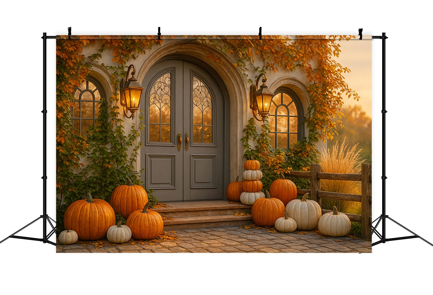 Fond citrouille Porte de cottage Porche citrouille Fond Joyeux Thanksgiving LXX510-23