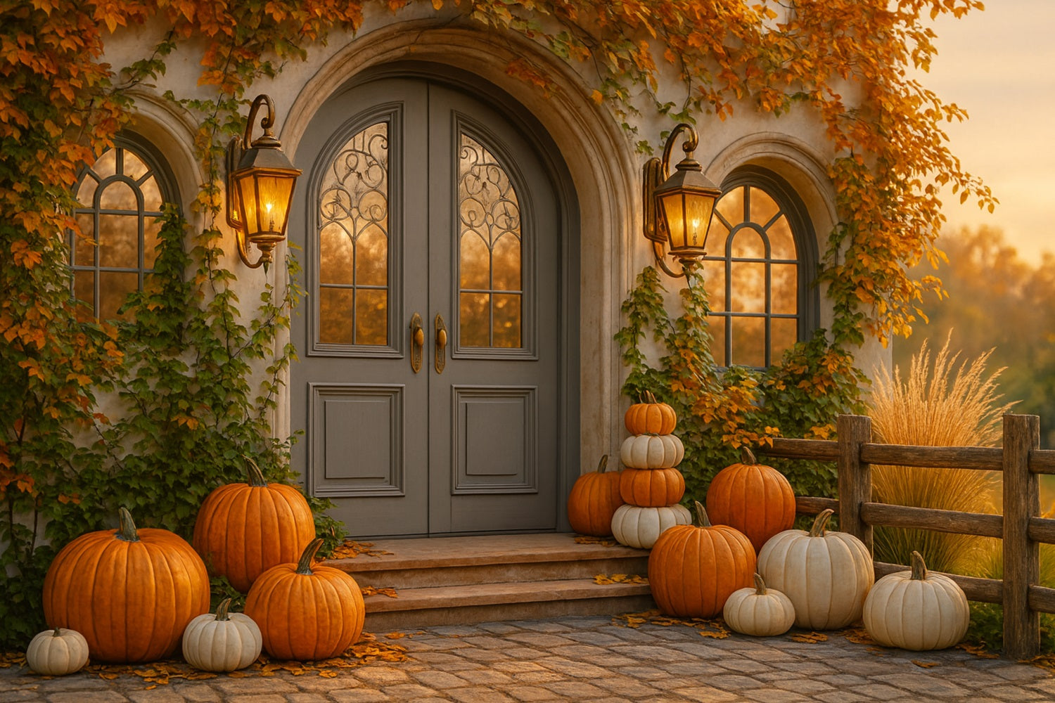 Fond citrouille Porte de cottage Porche citrouille Fond Joyeux Thanksgiving LXX510-23