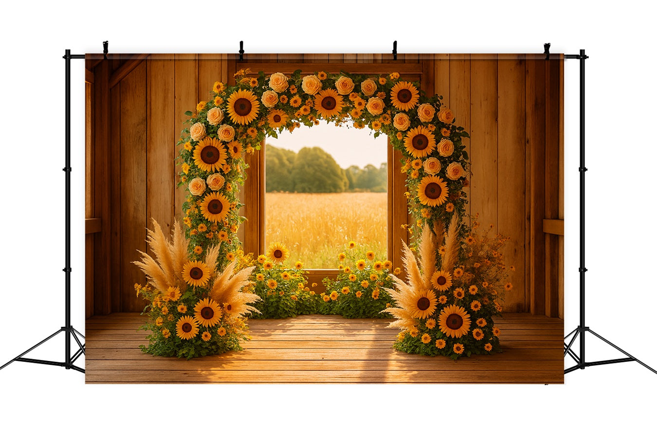 Fond d'automne Arche de tournesols Grange rustique Idées de fonds pour Thanksgiving LXX510-33