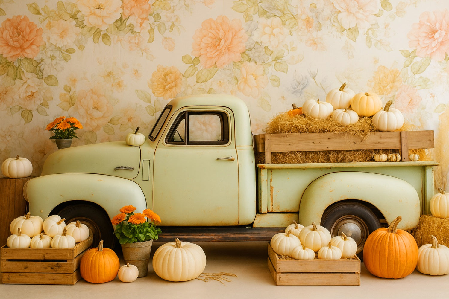Fond citrouille Camion vintage Récolte de citrouilles Fonds pour Thanksgiving LXX510-38