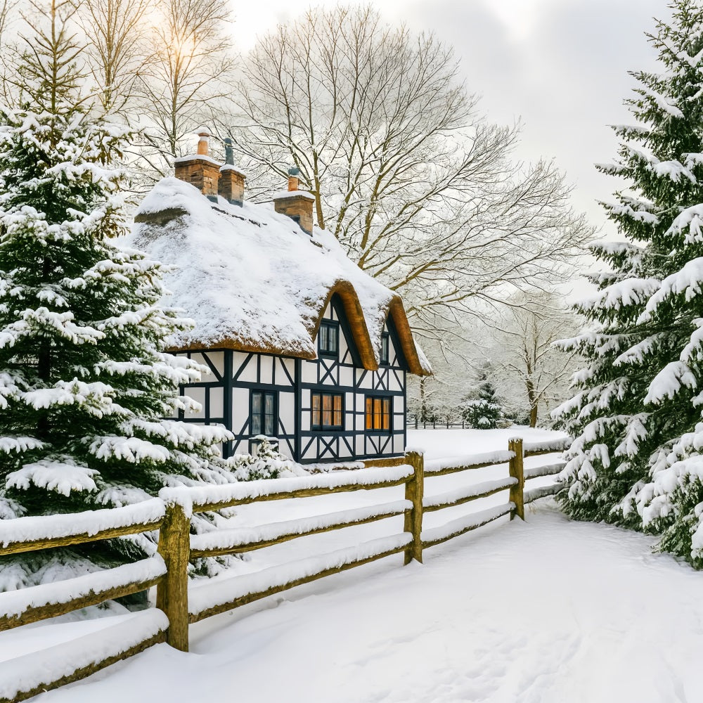 Fond hivernal féérique Cottage enneigé Forêt de pins Fond hivernal LXX510-82