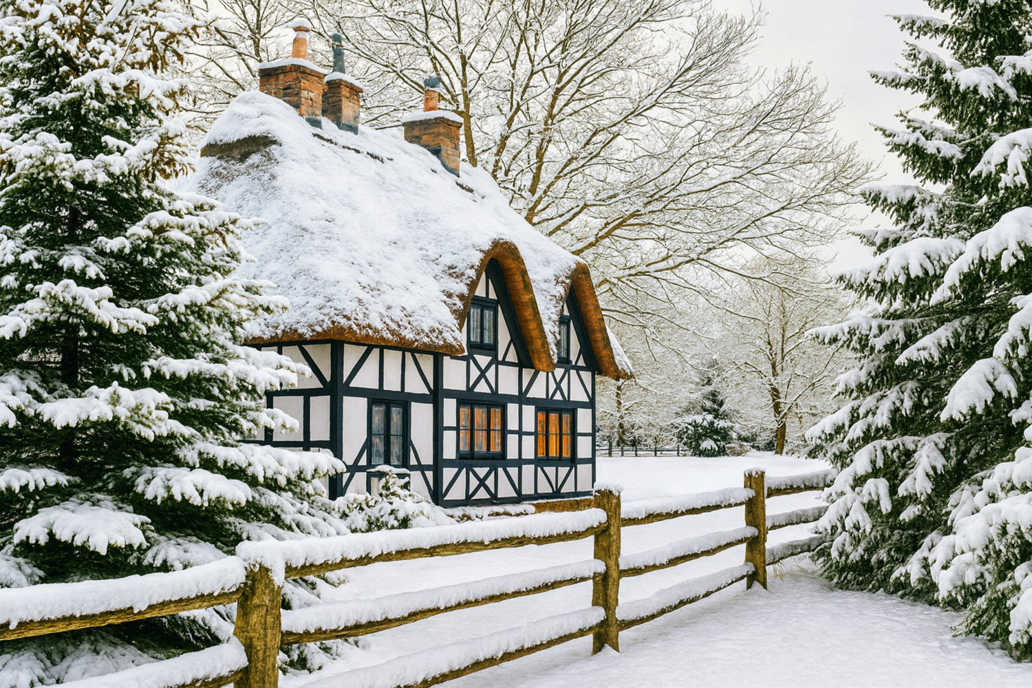 Fond hivernal féérique Cottage enneigé Forêt de pins Fond hivernal LXX510-82