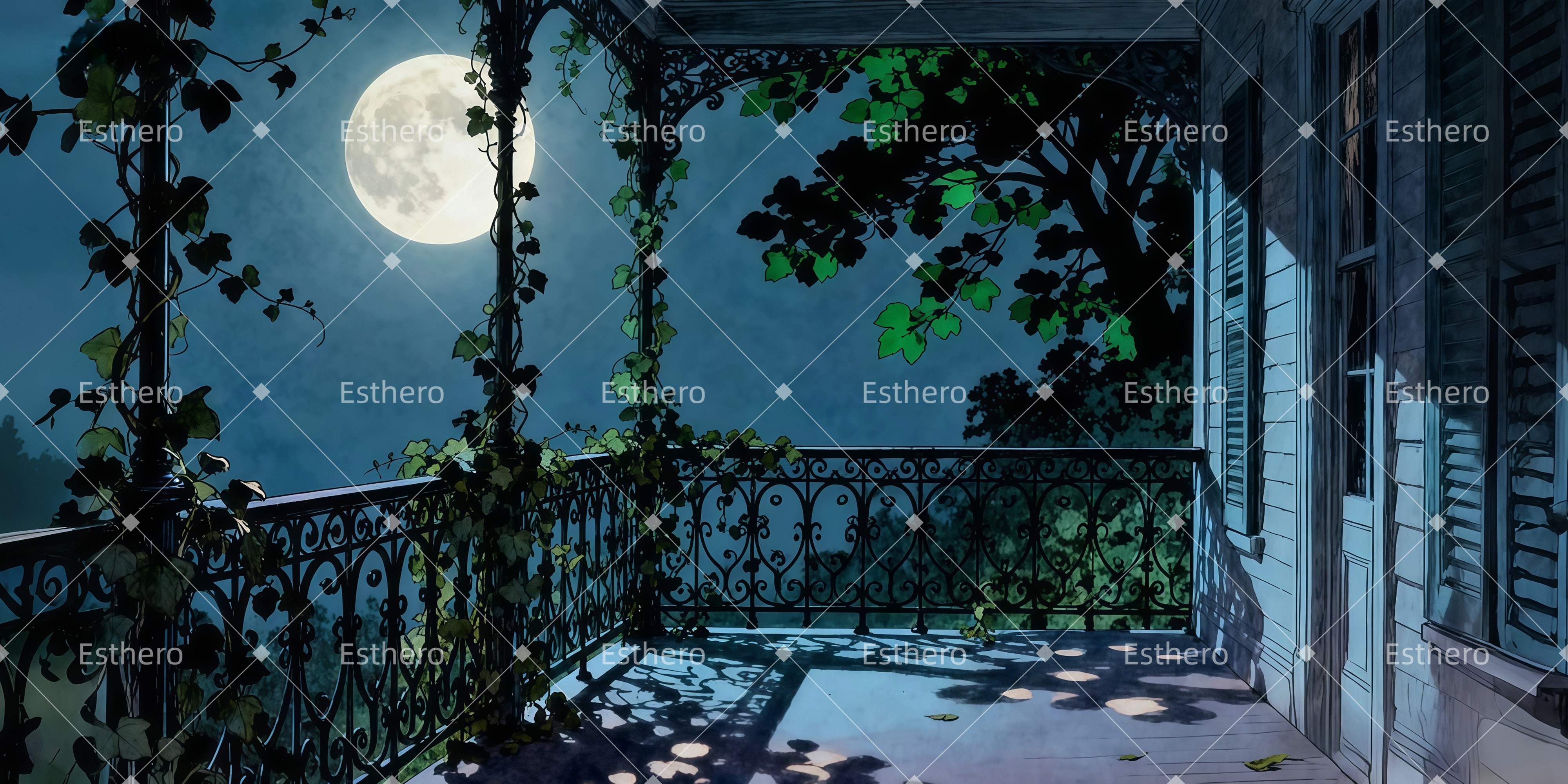 Fond de Scene Balcon Du Jardin Au Clair De Lune LXX511-T74