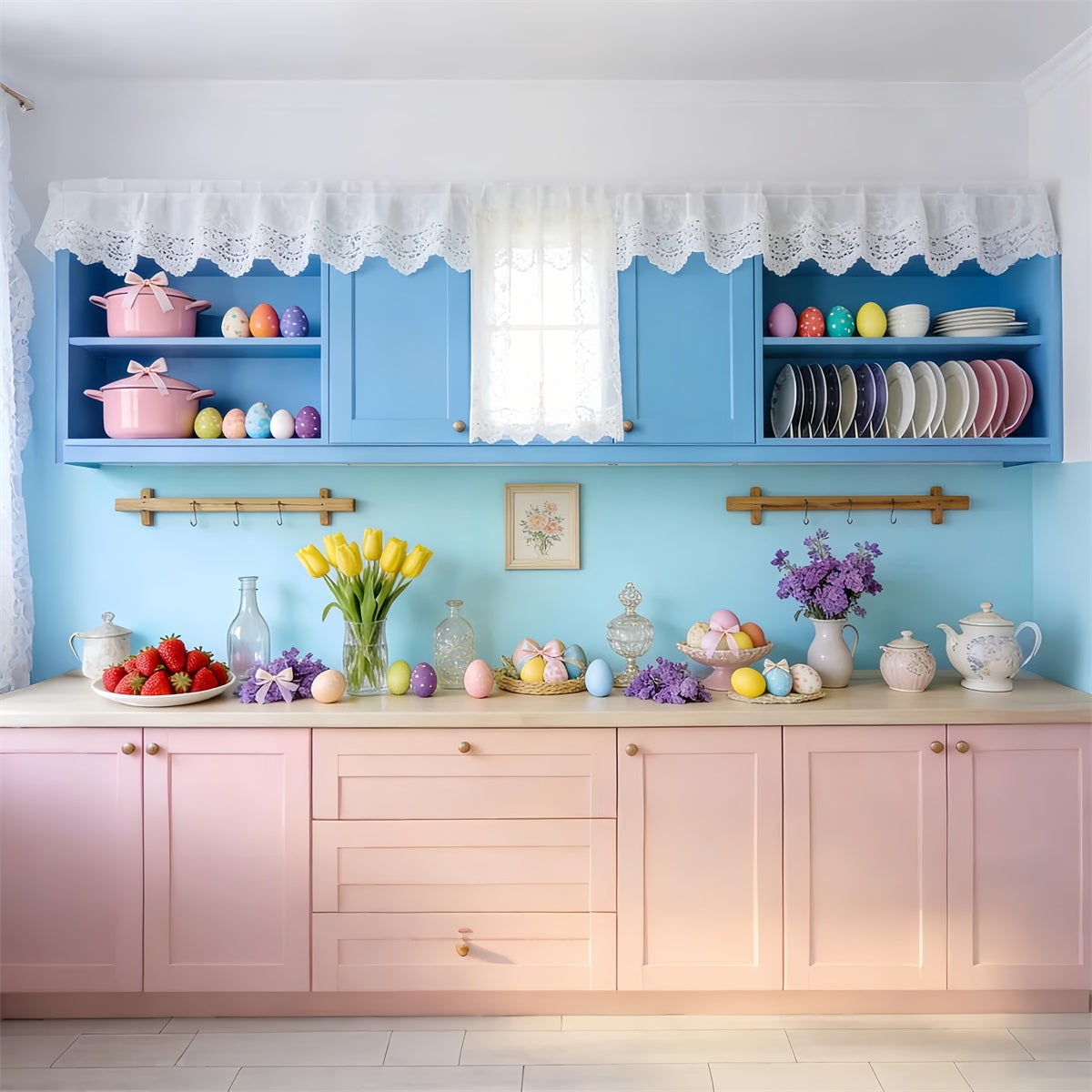 Fond rustique de Pâques Vintage Bleu Cuisine Œufs Fond photo de Pâques LXX512-104