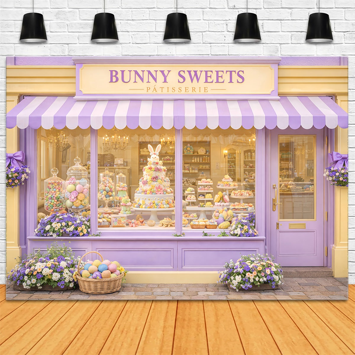 Fond Joyeuses Pâques Lapin Bonbons Magasin de bonbons Fond avec œufs de Pâques LXX512-108