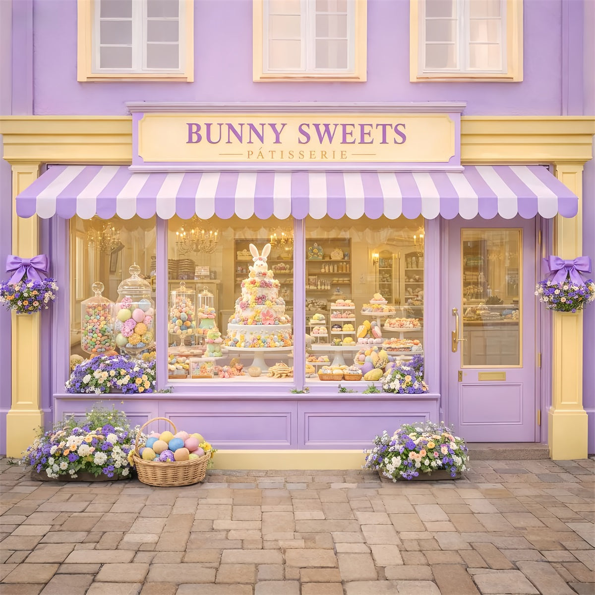 Fond Joyeuses Pâques Lapin Bonbons Magasin de bonbons Fond avec œufs de Pâques LXX512-108