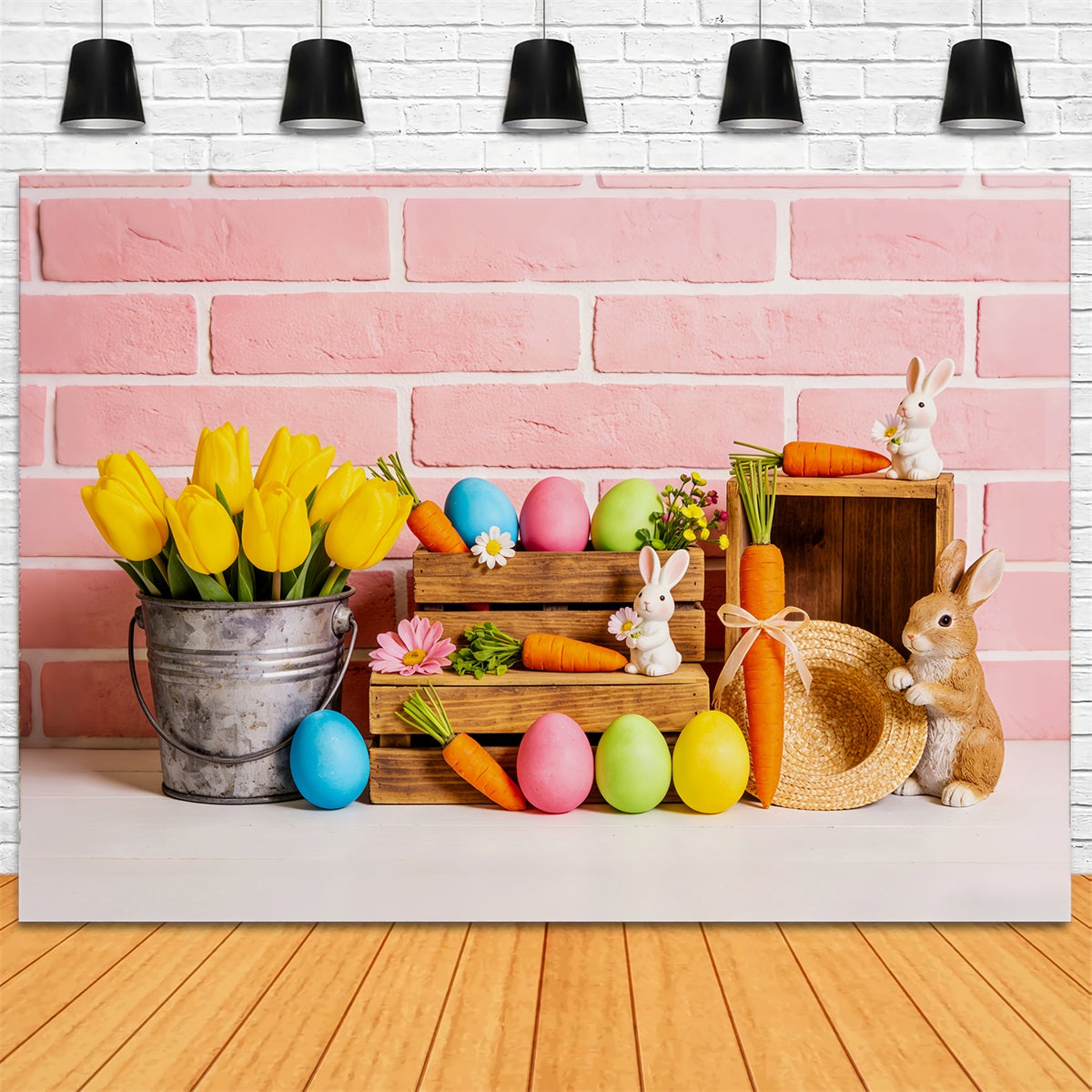 Fond Pierre Lapin, seau de tulipes, carottes, lapin, œufs de Pâques LXX512-111