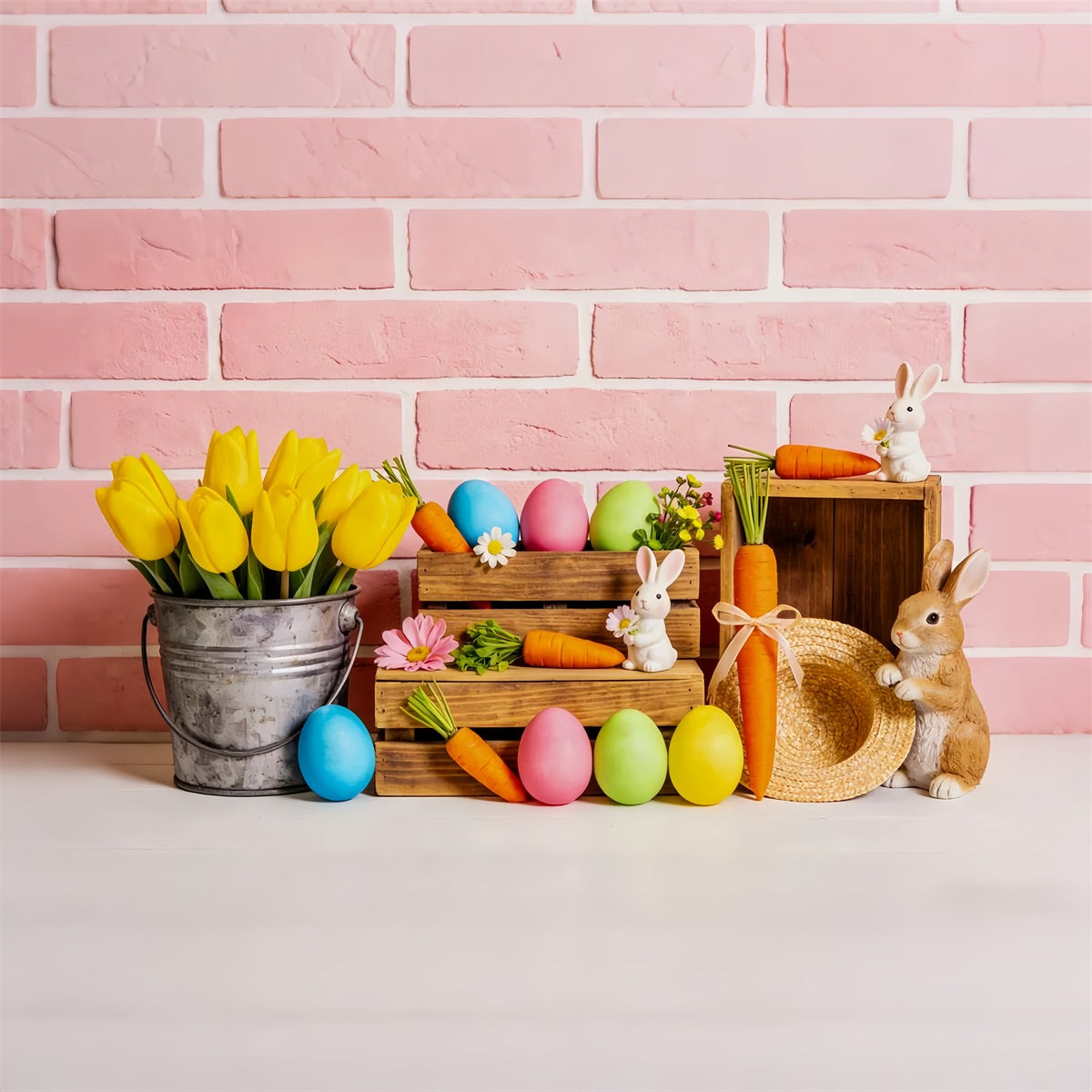 Fond Pierre Lapin, seau de tulipes, carottes, lapin, œufs de Pâques LXX512-111