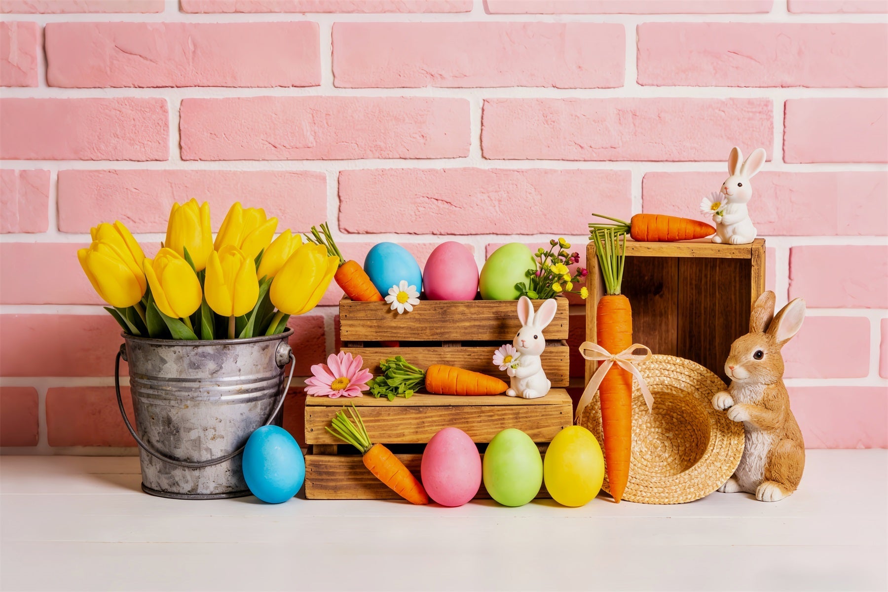 Fond Pierre Lapin, seau de tulipes, carottes, lapin, œufs de Pâques LXX512-111