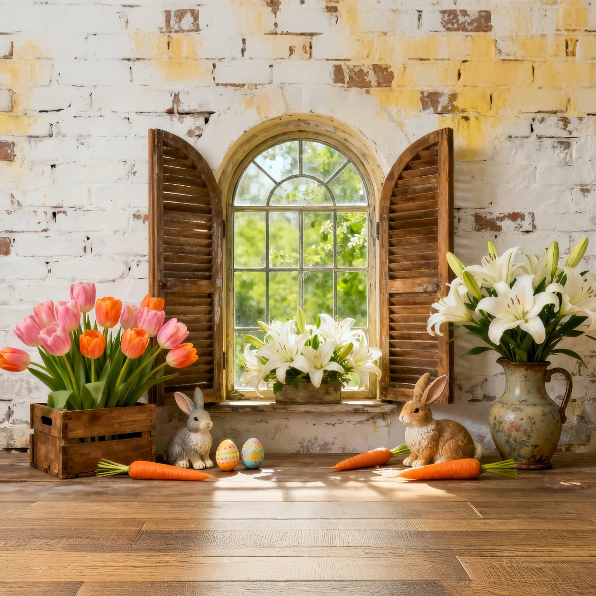 Fond lys de Pâques, fleurs, volets, fenêtre, fond rustique de Pâques LXX512-112