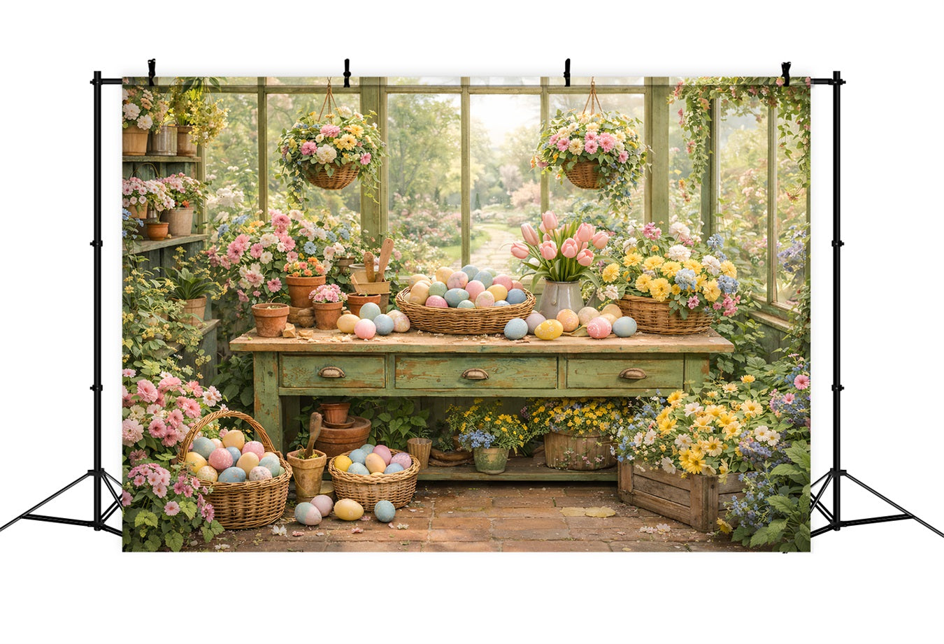 Fond panier de Pâques Serre Jardin Fleurs Table Œufs de Pâques Fond LXX512-115