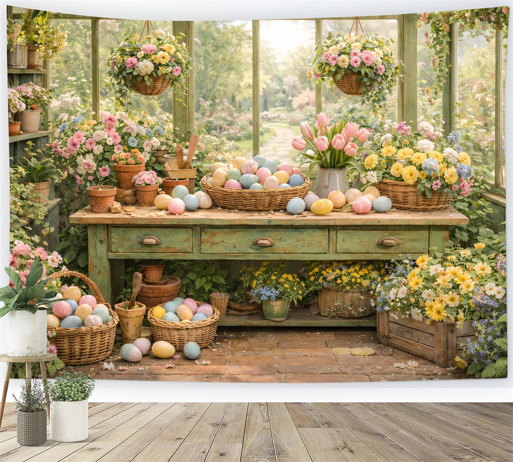Fond panier de Pâques Serre Jardin Fleurs Table Œufs de Pâques Fond LXX512-115