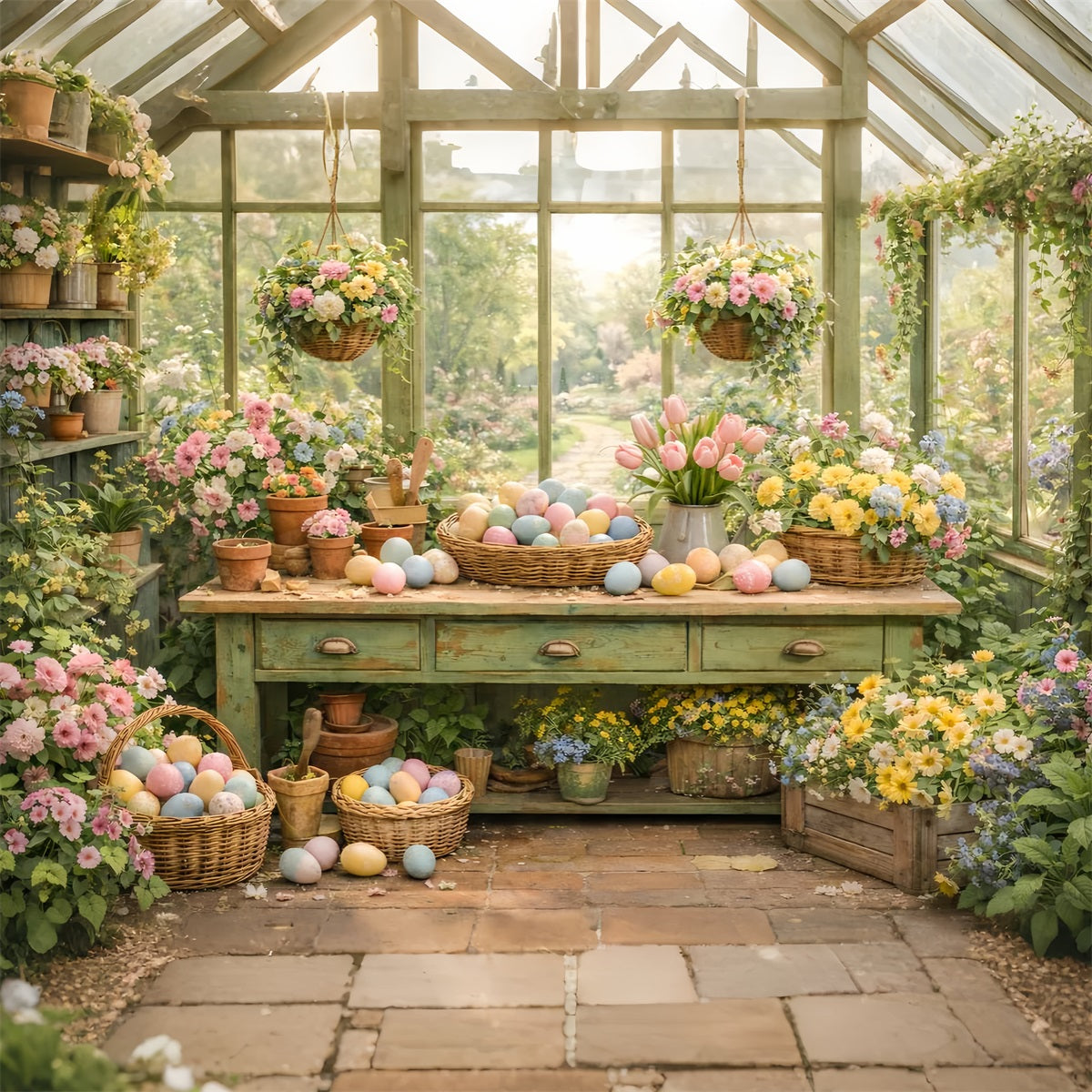 Fond panier de Pâques Serre Jardin Fleurs Table Œufs de Pâques Fond LXX512-115