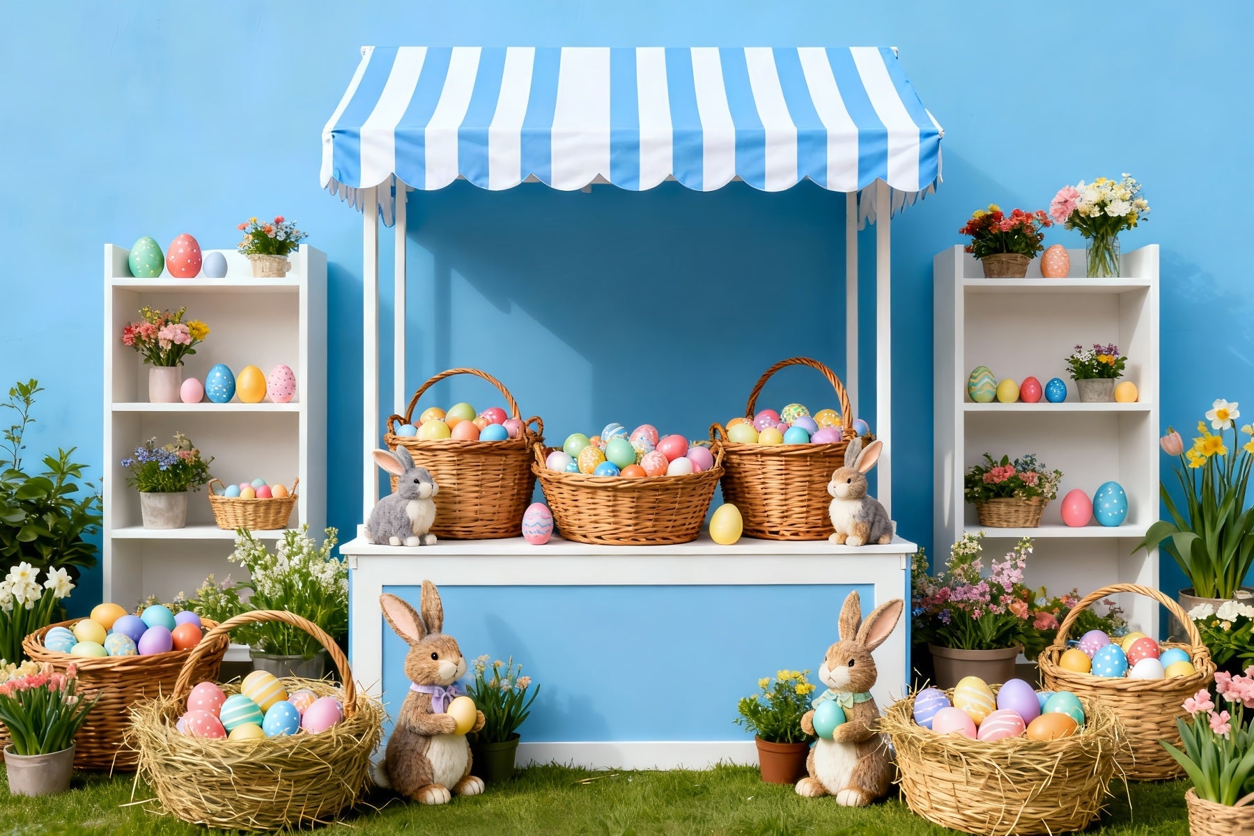 Décor photo pour Pâques Marché aux œufs à rayures bleues Décor lapin LXX512-117