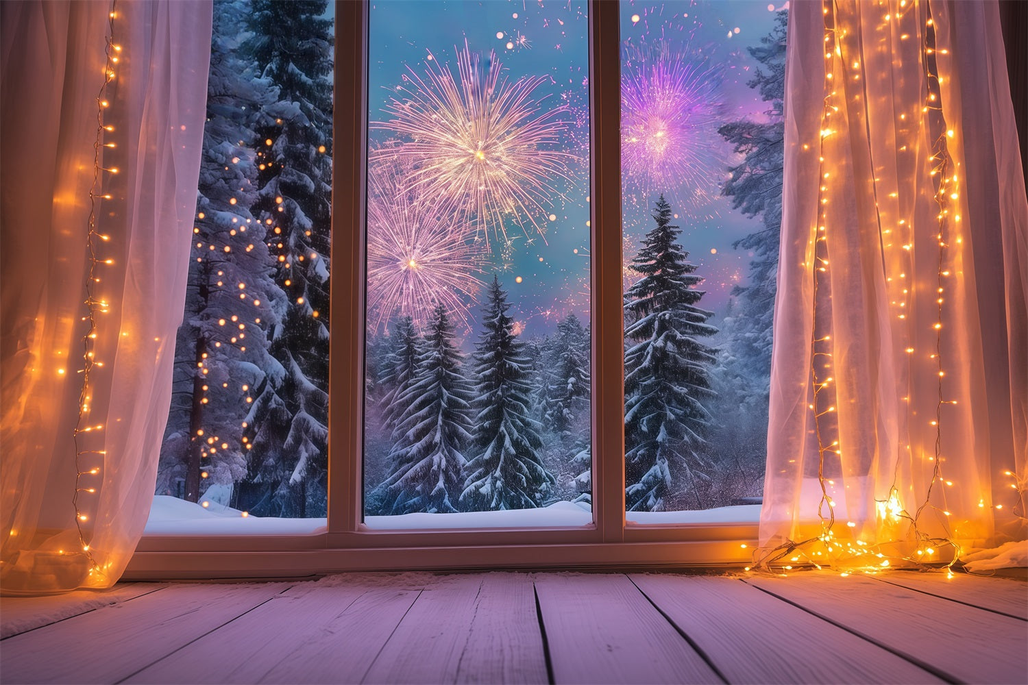 Fond pour le Nouvel An Fenêtre hivernale chaleureuse Feux d'artifice Fond pour le réveillon du Nouvel An LXX512-12