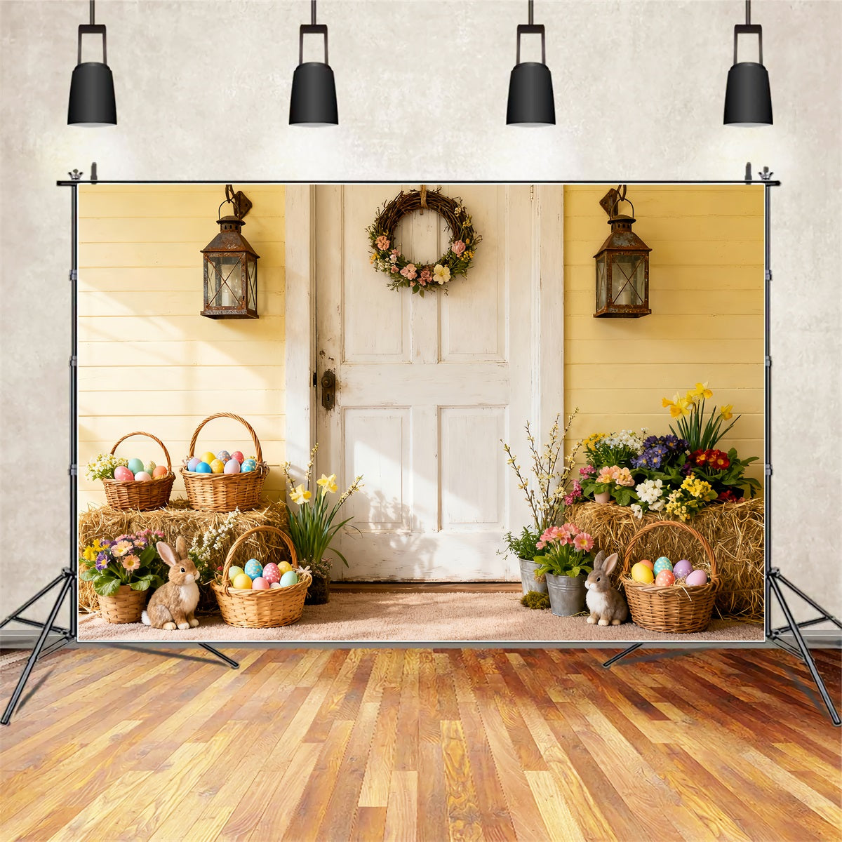 Fond photo de Pâques Porche rustique printanier Fond œufs et lapins LXX512-126