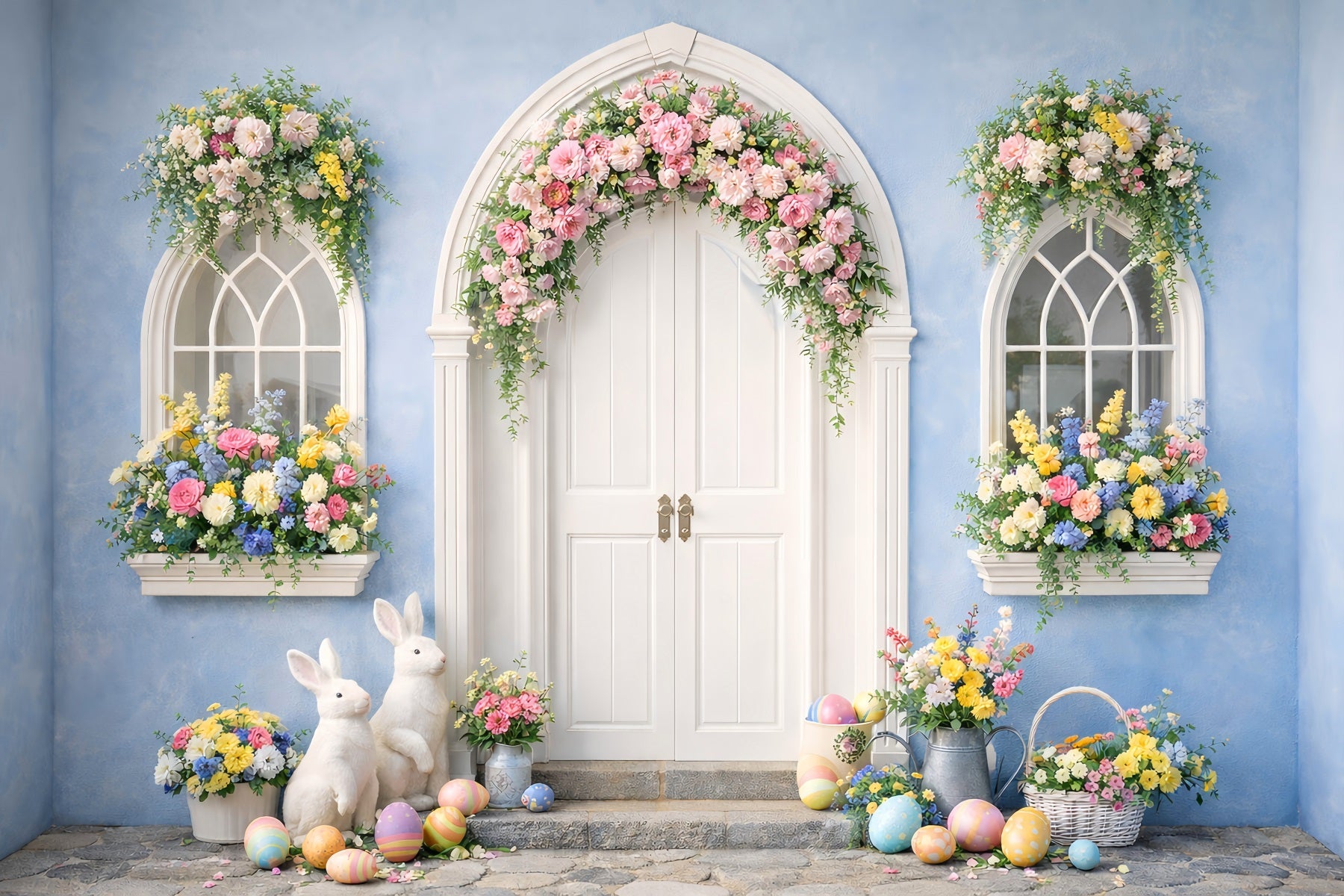 Fond de photo de Pâques Arche bleue Lapin floral Porte Fond de Pâques Œufs LXX512-129